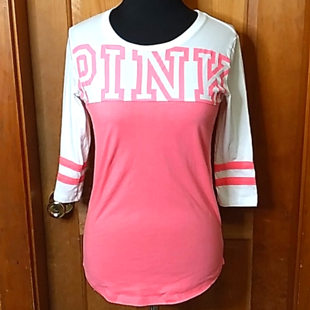 Victoria's Secret Pink Logo 3/4 Sleeve Pink And White Tee Shirt Size XS